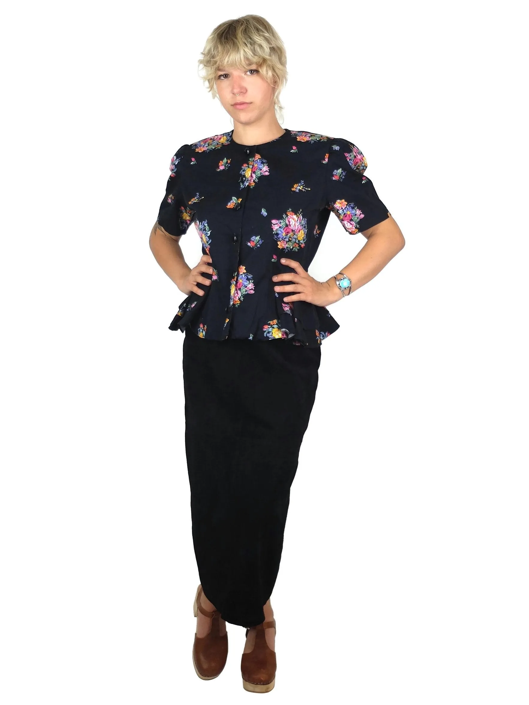 80s Romantic Floral Structured Peplum Button Up Half Sleeve Blouse with Shoulder Pads
