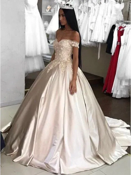 Ball Gown Prom Dresses Off-the-shoulder Appliques Satin Prom Dress/Evening Dress JKL269
