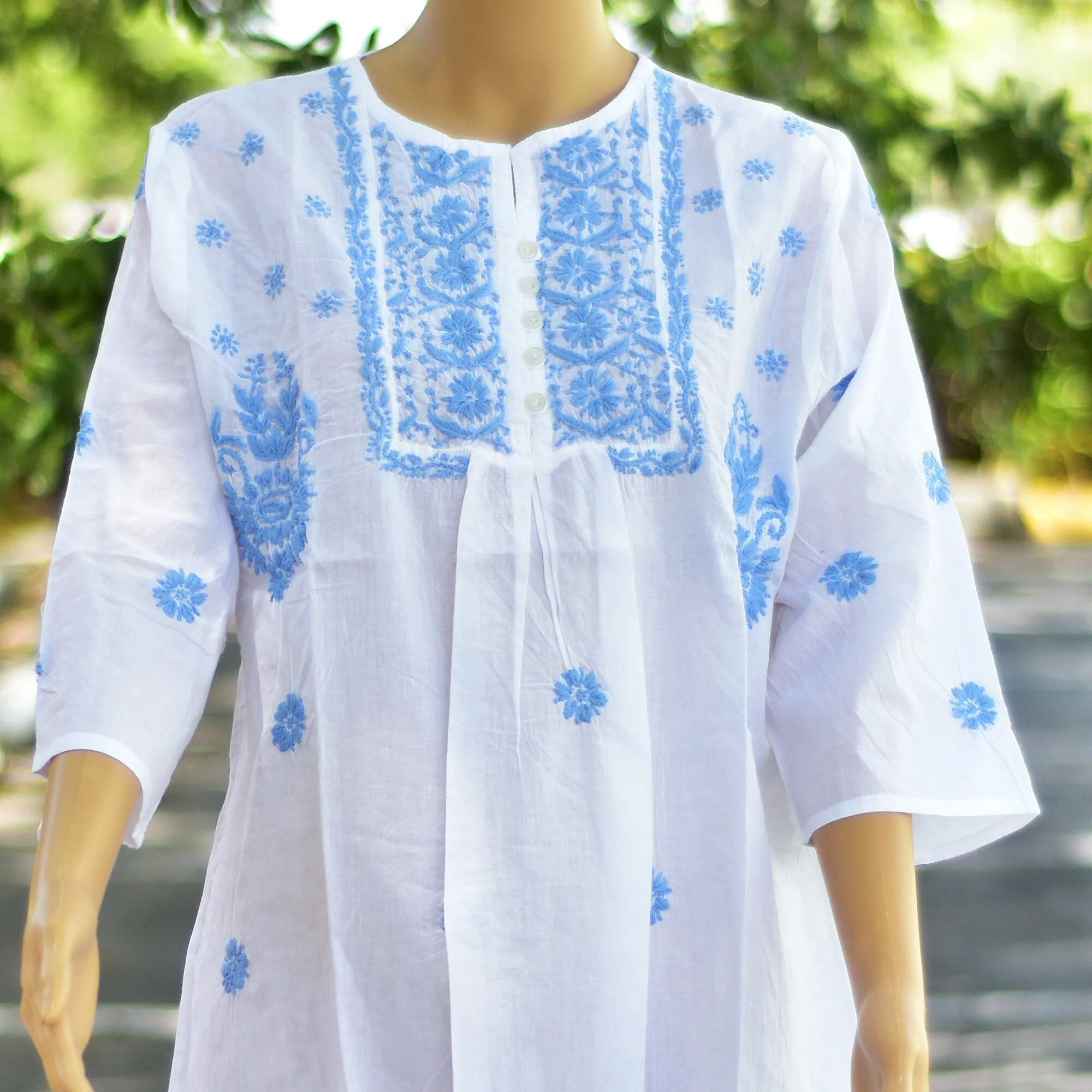 Boho White Indian Gauze Cotton Hand Embroidered Peasant 3/4 Sleeve Long Boho Tunic Kurti Blouse #15