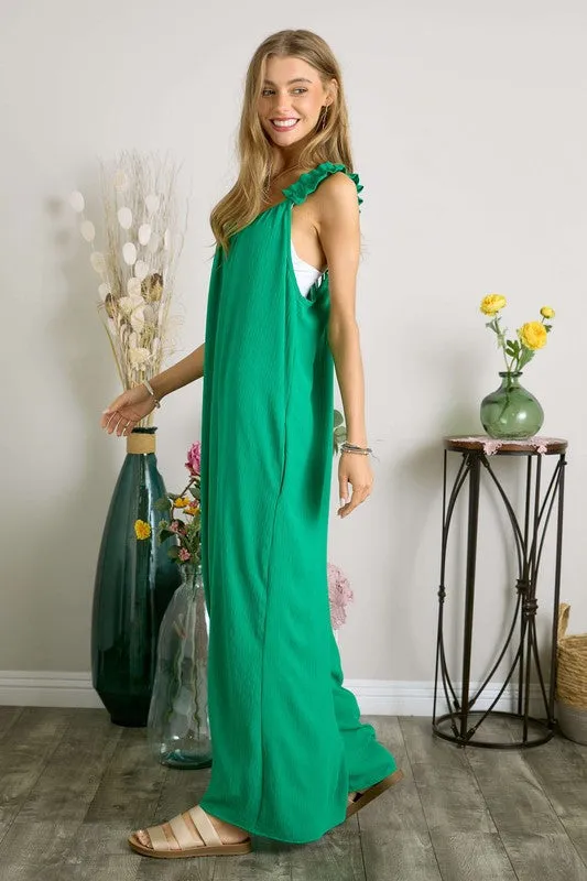 Curvy Elastic Ruffle Shoulder Wide Leg Jumpsuit
