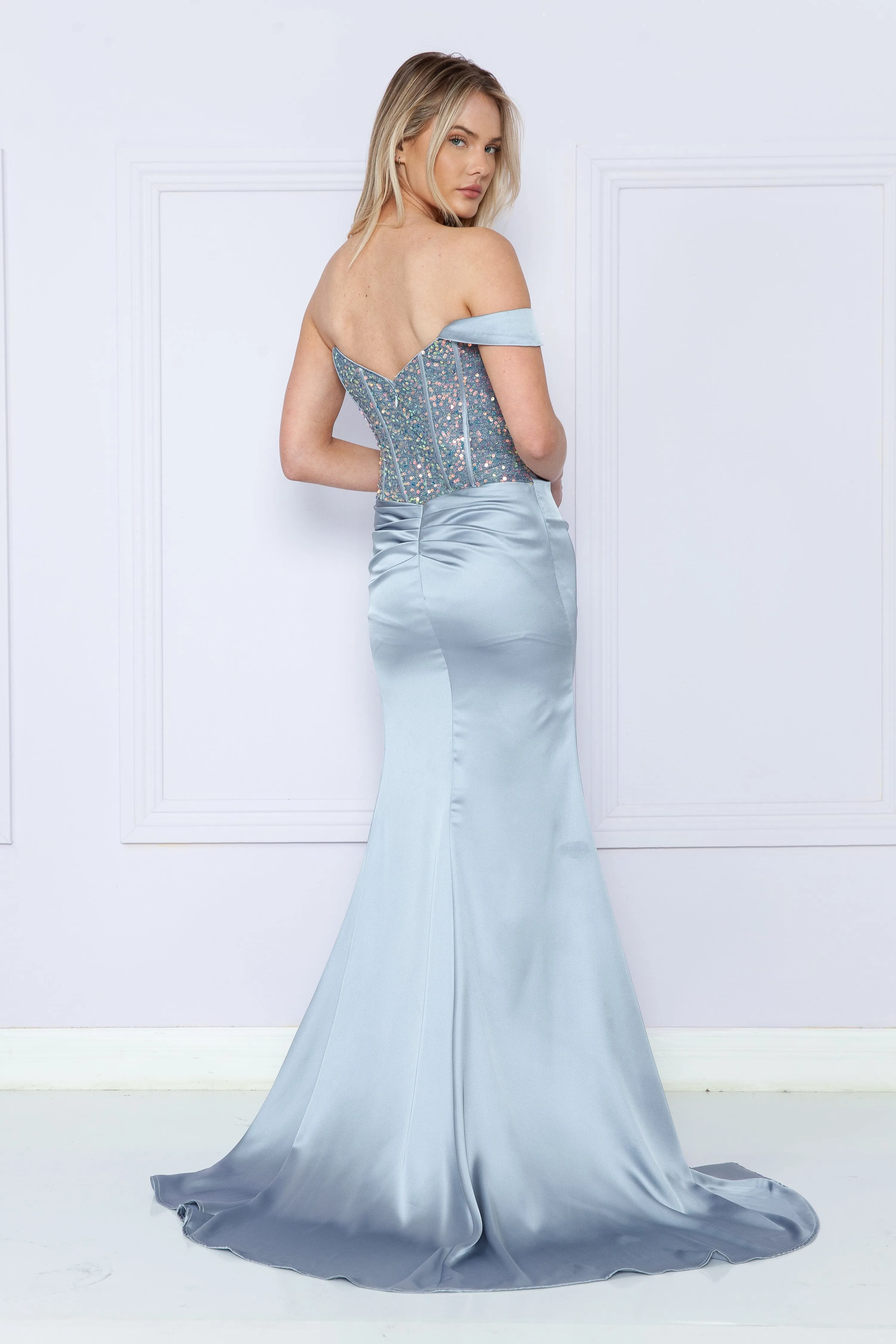 Fitted Sequin Bodice Corset Gown by Poly USA 9178