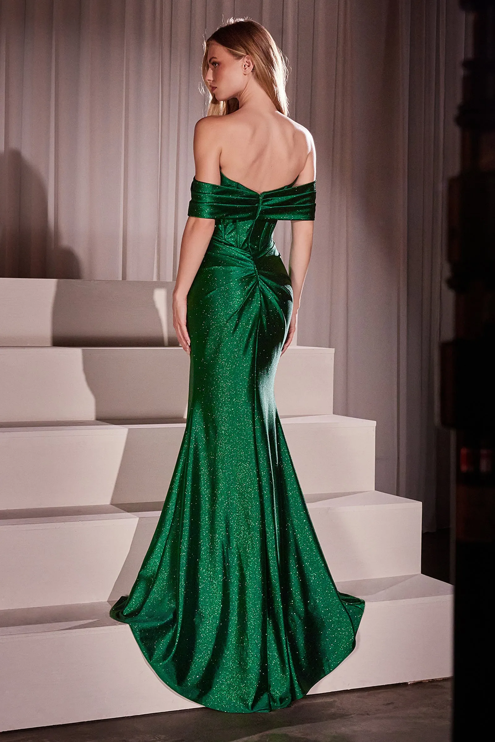 Glitter Satin Off Shoulder Slit Gown by Ladivine KV1115