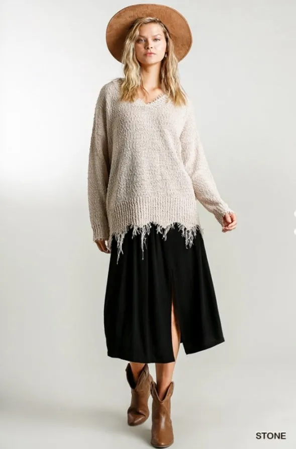 Long Sleeve Frayed Knit Sweater