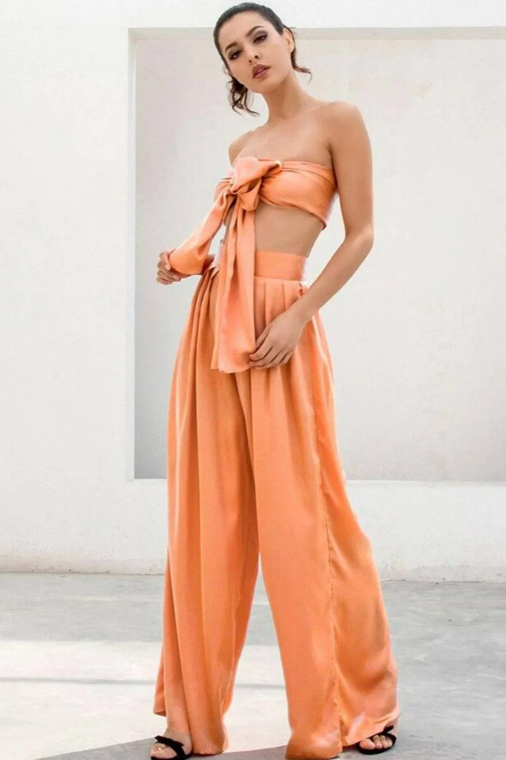 Peach Orange Strapless Tie Front Wide Leg Pants Jumpsuit Set