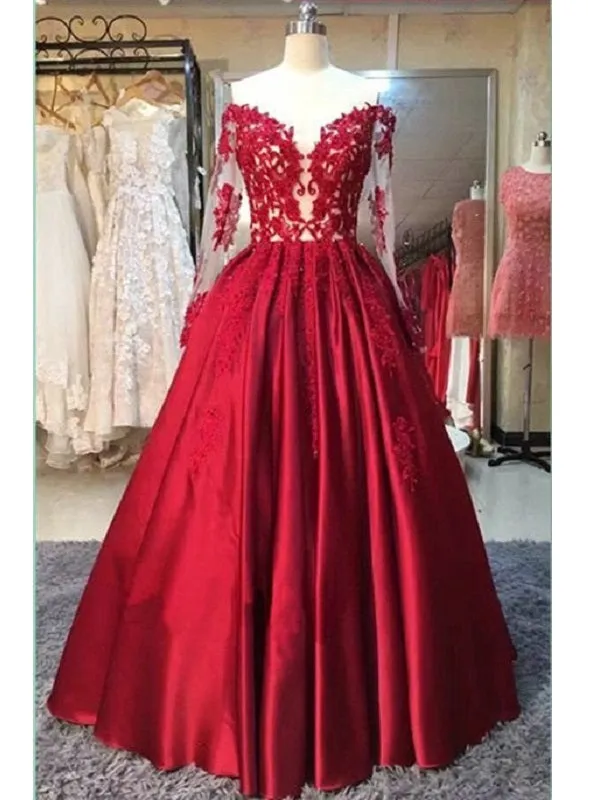 Red Satin Lace Top Ball Gown Prom Dress with Long Sleeves