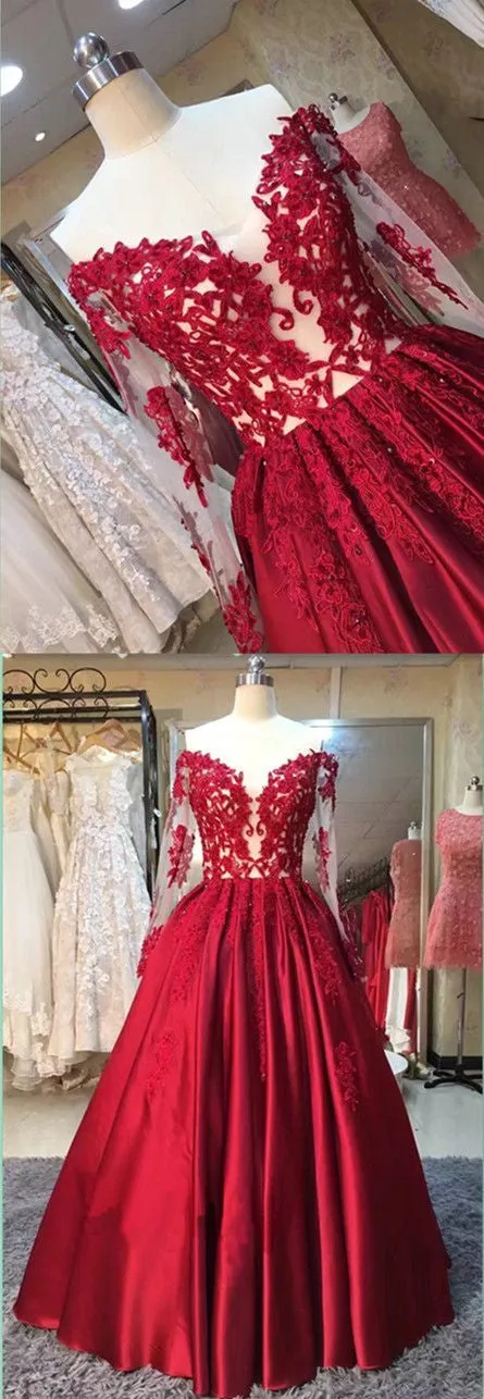 Red Satin Lace Top Ball Gown Prom Dress with Long Sleeves