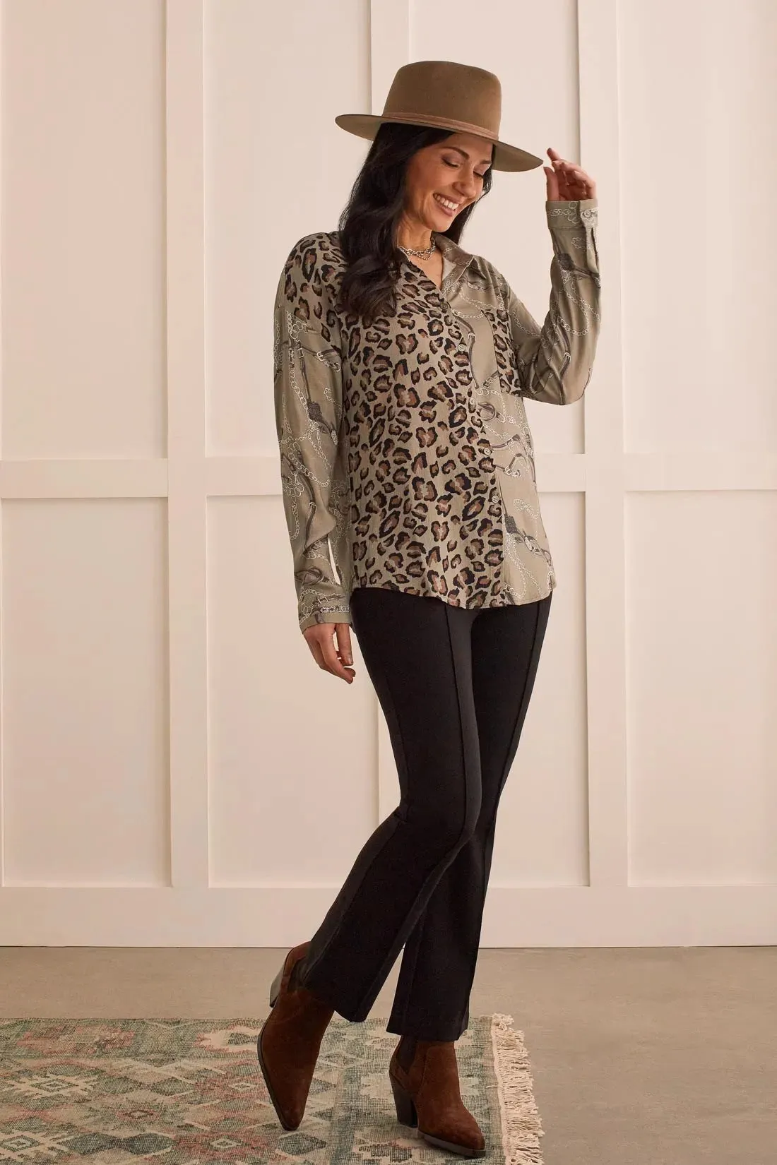 ROLL-SLEEVE MIXED PRINT BLOUSE