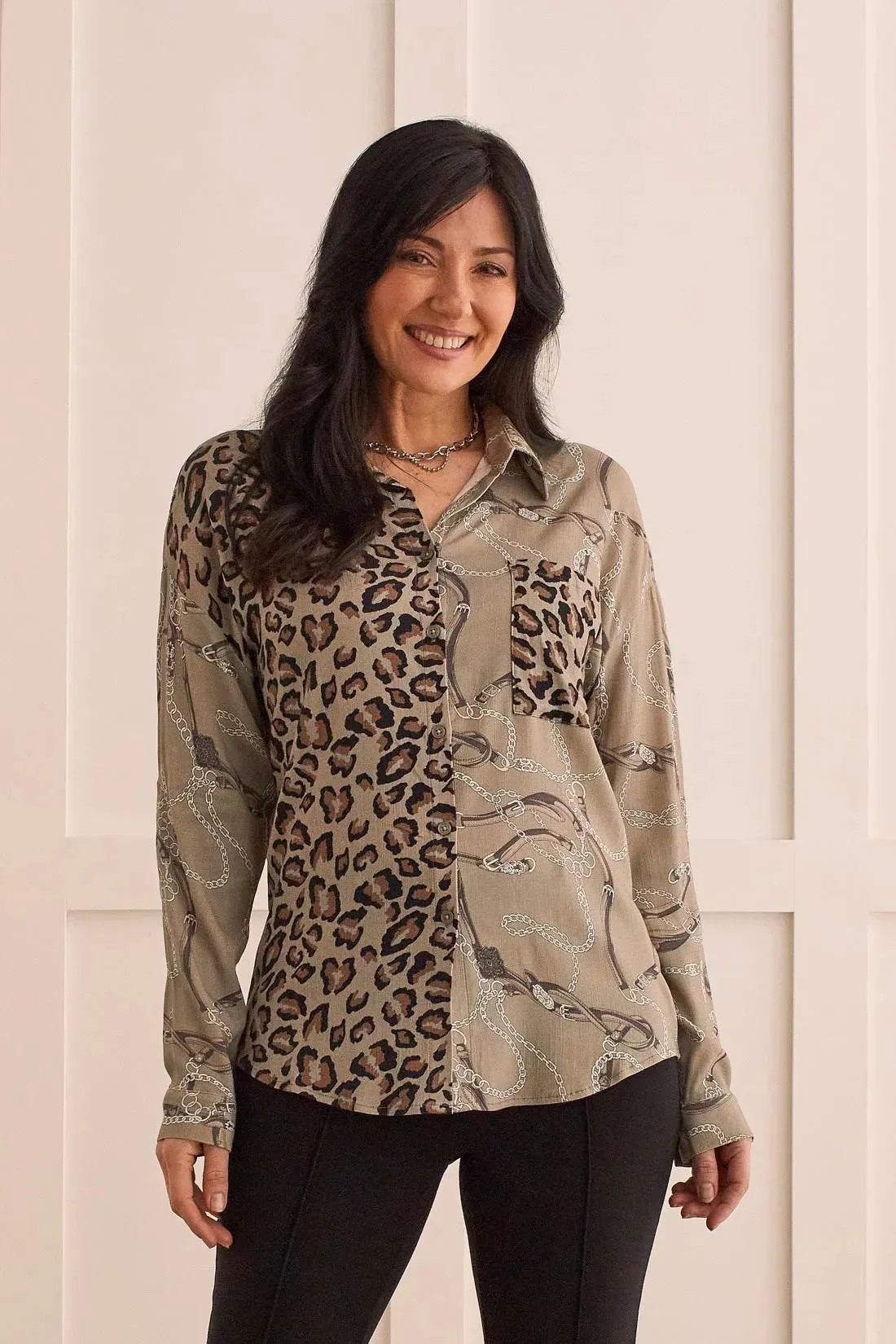 ROLL-SLEEVE MIXED PRINT BLOUSE