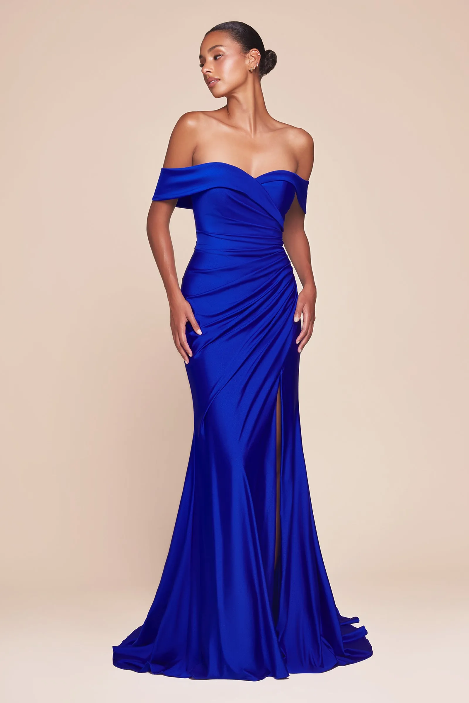 Satin Fitted Off Shoulder Slit Gown by Ladivine CD790
